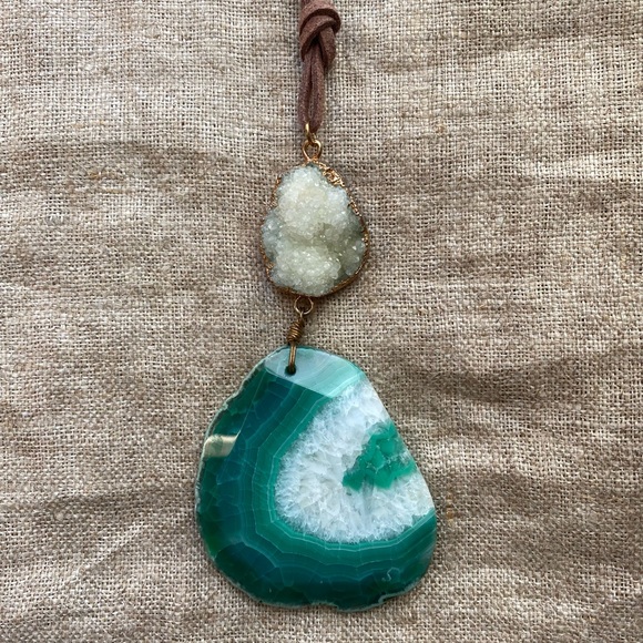 Oversized Gilded Druzy Quartz and Agate Slice Pendant - Picture 1 of 3